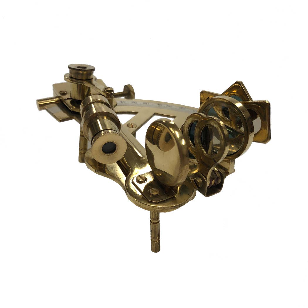 Polished Brass Sextant and Wooden Box with Magnification Lenses