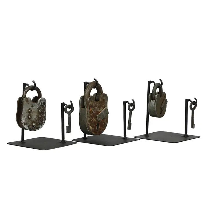 Who holds Your Key? Vintage Lock & Keys on Stand (Set of 3)
