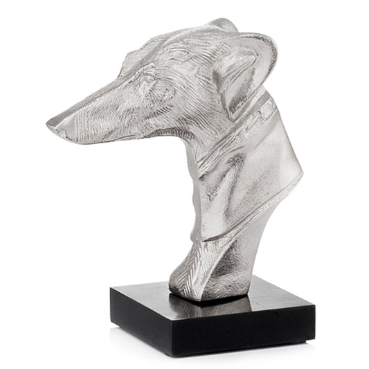 Busto de perro de 4" x 7,5" x 8,5" en plata y negro sobre base de hueso