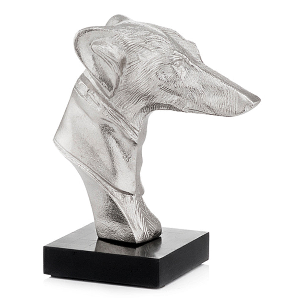 Busto de perro de 4" x 7,5" x 8,5" en plata y negro sobre base de hueso