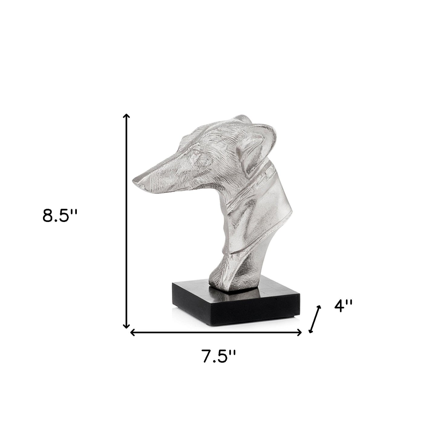 Busto de perro de 4" x 7,5" x 8,5" en plata y negro sobre base de hueso