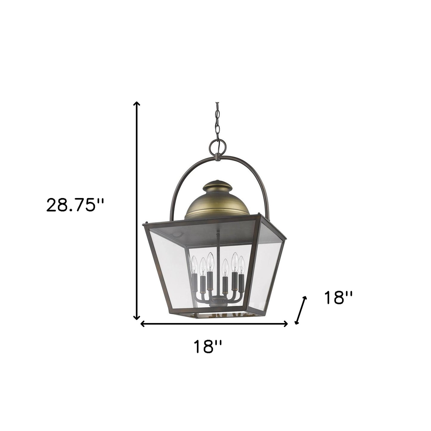 Lámpara colgante para vestíbulo Savannah de 6 luces en bronce frotado con aceite con detalles de latón crudo y paneles de vidrio transparente