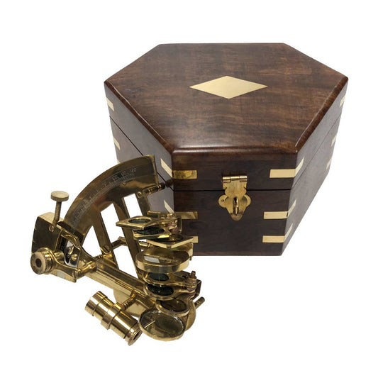 Polished Brass Sextant and Wooden Box with Magnification Lenses