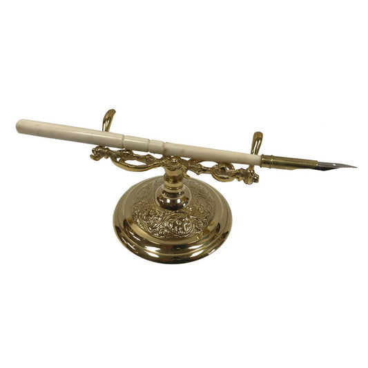 3-1/2" Polished Brass Pen Holder w/ Bone Nib Pen