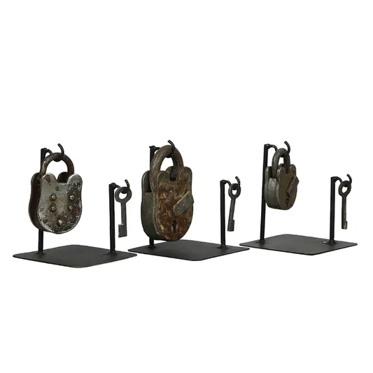 Who holds Your Key?  Vintage Lock & Keys on Stand (Set of 3)